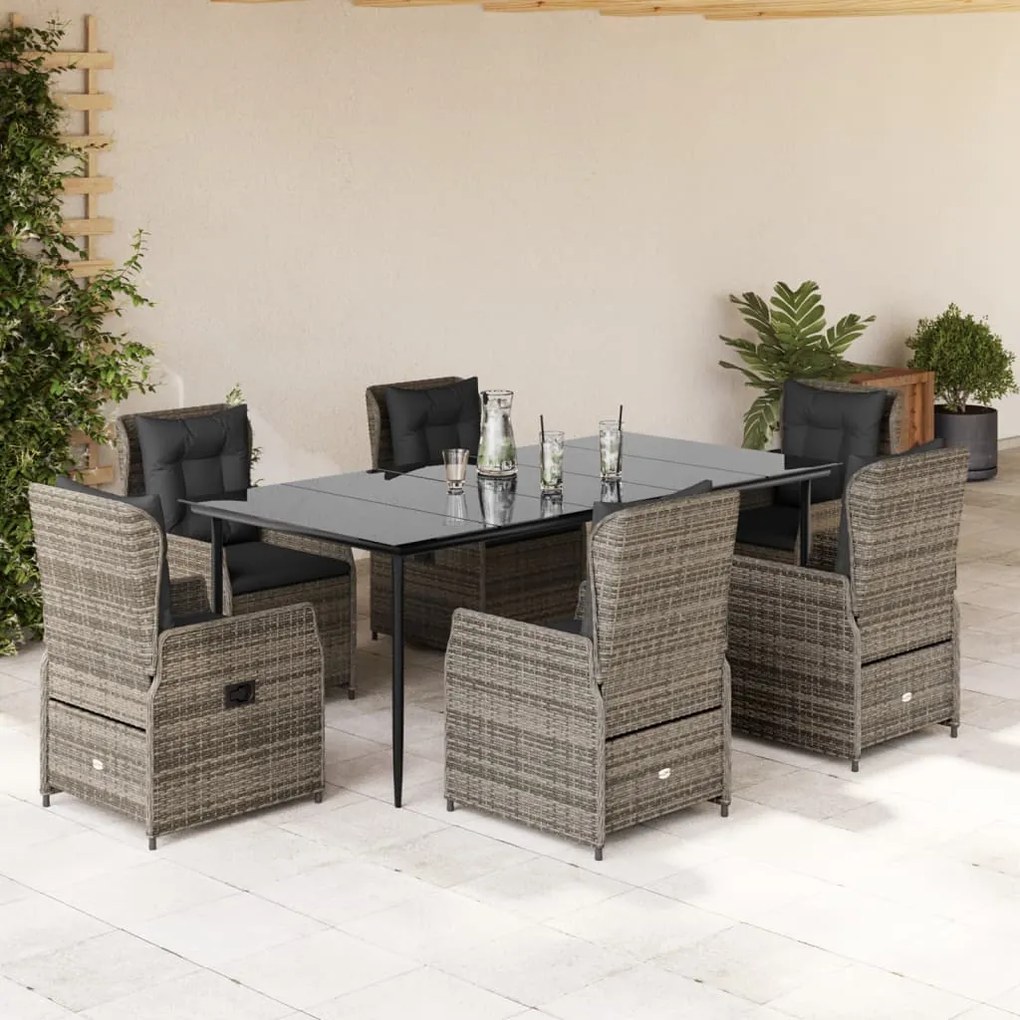 Set da pranzo da giardino 7 pz con cuscini in polyrattan grigio