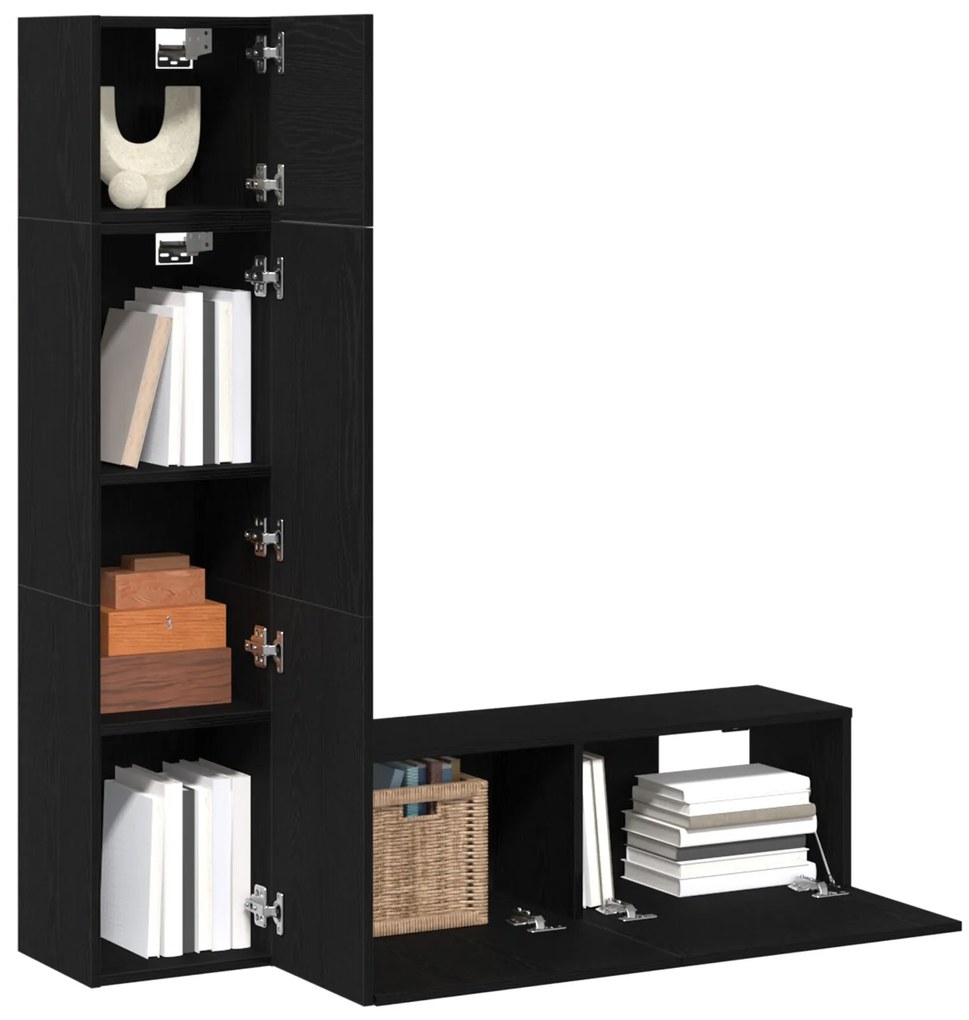Set di mobili tv da parete 3 pezzi nero rovere in legno ingegnerizzato