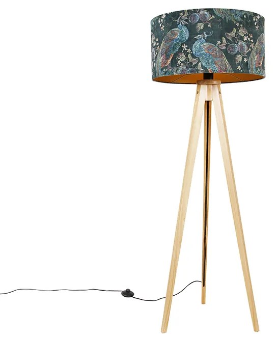 Lampada da terra moderna in legno con paralume in tessuto nero pavone 50 cm - Tripod Classic