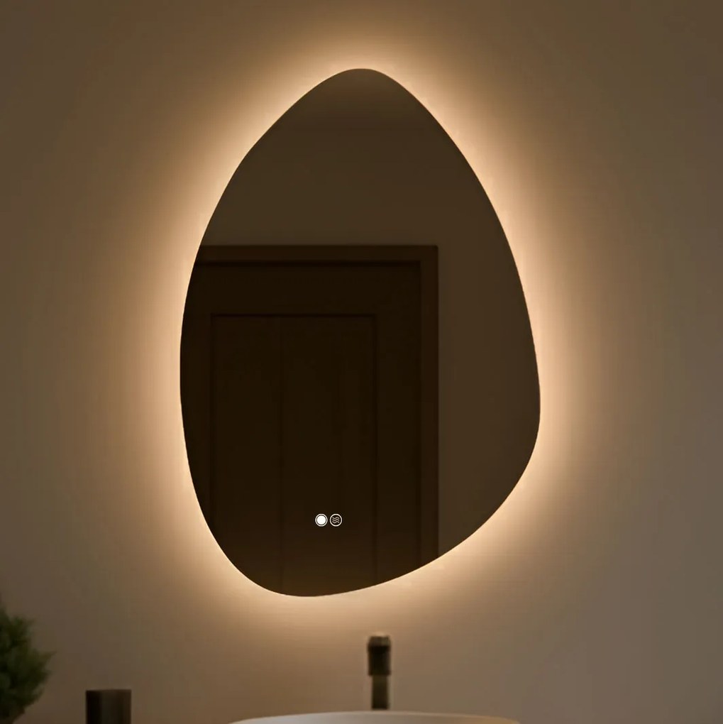Specchio irregolare con illuminazione, 64×94 cm, bicolore, interruttore touch, tappetino riscaldante