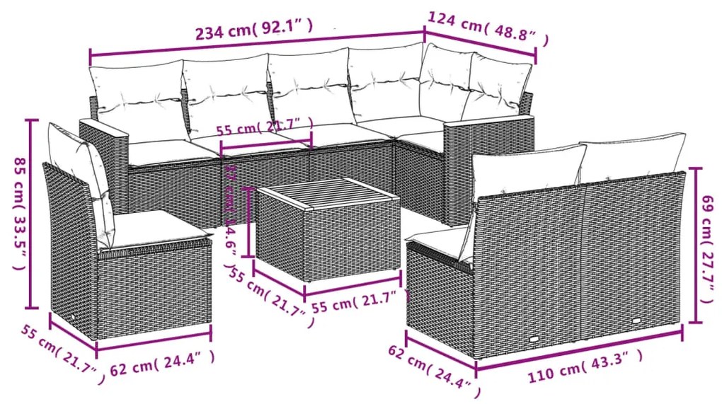 Set divani da giardino 9 pz con cuscini nero in polyrattan