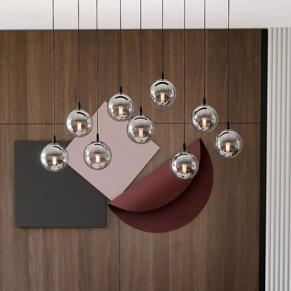 Lampadario a Sospensione in Acciaio e Vetro COSMO 9 Nero 9xE14 Colore delle Sfere Grafite