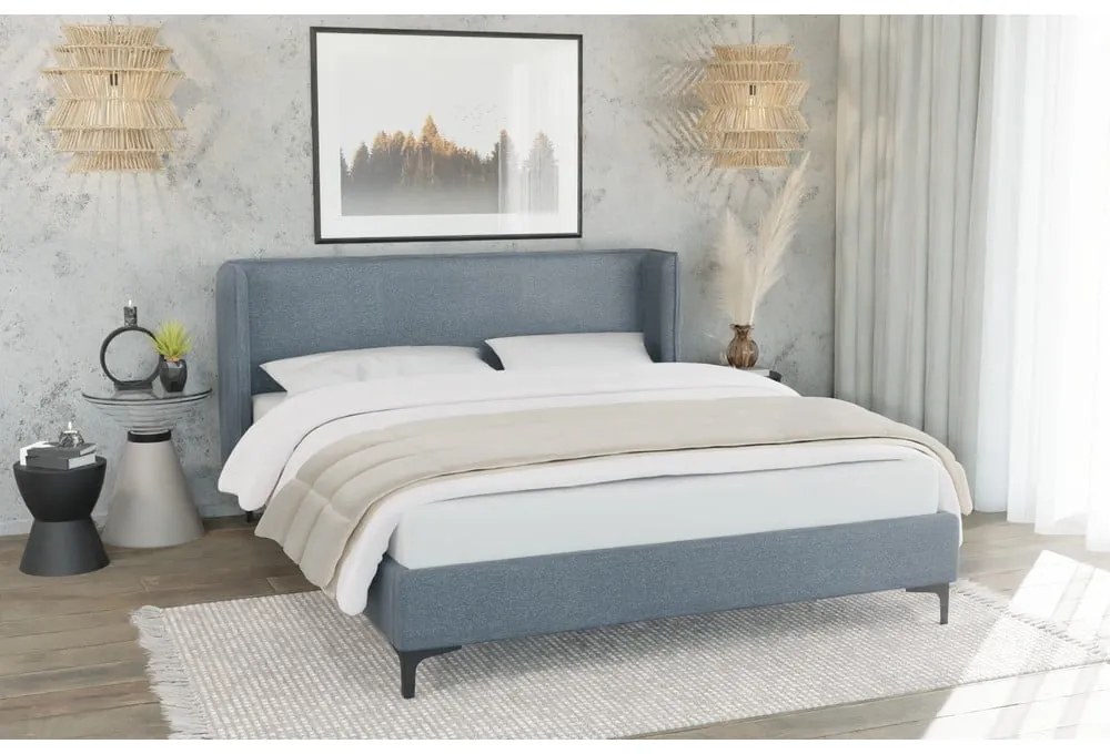 Letto matrimoniale imbottito blu con griglia 140x200 cm Basti - Ropez