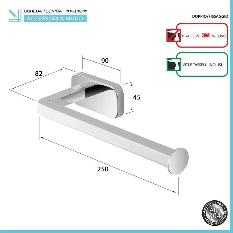 Porta salviette a muro 25 cm in acciaio inox con doppio fissaggio