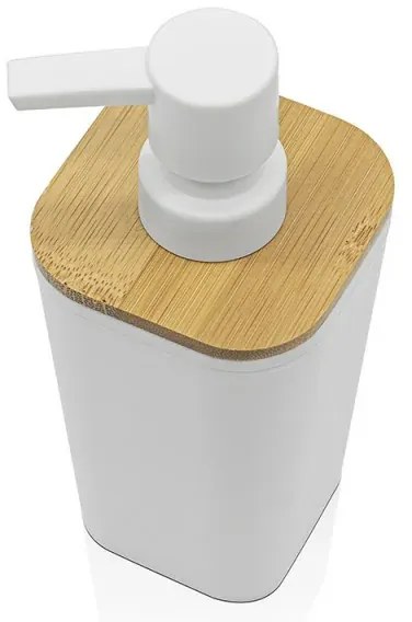 Dispenser sapone in finitura bianca opaca con dettagli in bambù