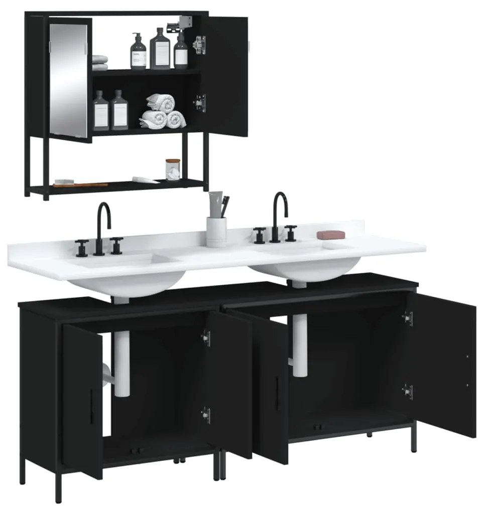 Set mobili da bagno 3 pz nero in legno multistrato