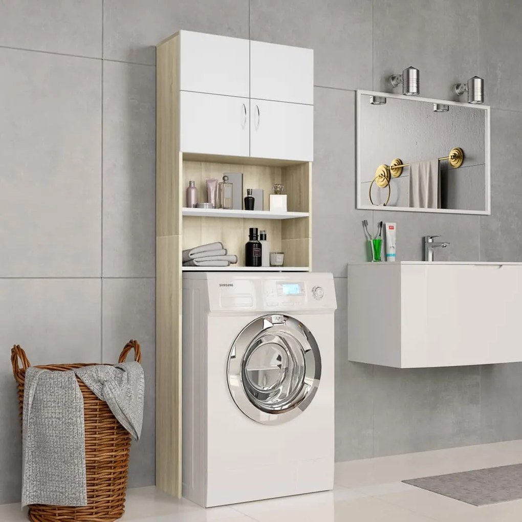 Mobile Per Lavatrice Bianco E Rovere Sonoma 64x25,5x190 Cm /