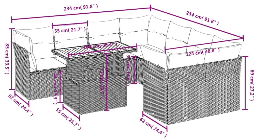 Set divani da giardino 9 pz con cuscini nero in polyrattan