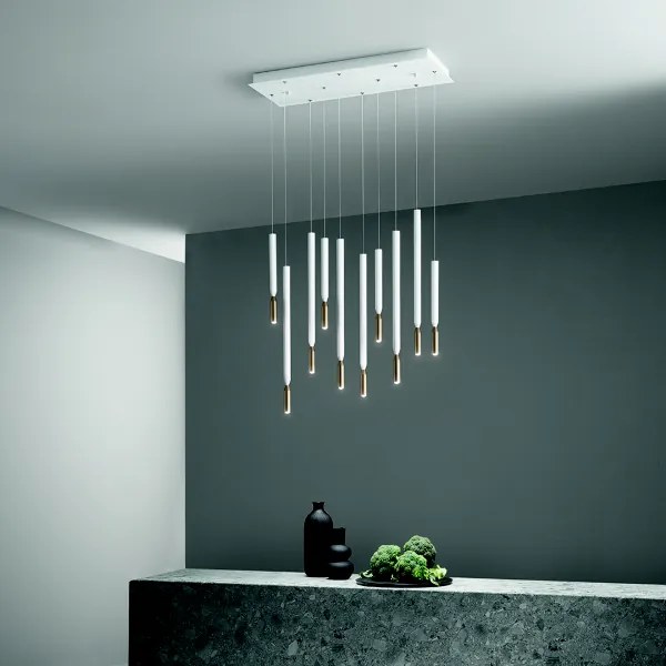 Lampada a sospensione LED a 10 Luci in metallo 70 cm verniciato Bianco e Oro TUBIC