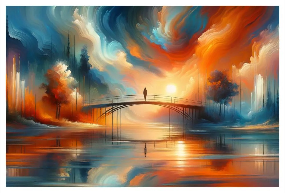Quadro su tela – Silhouette sul ponte al tramonto