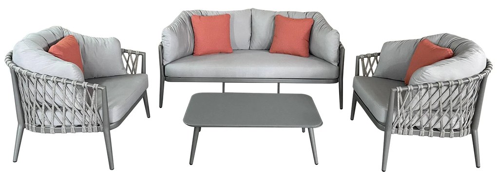 BACHATA - salotto con struttura in alluminio verniciato taupe o bianca, rivestimento in corda in pvc