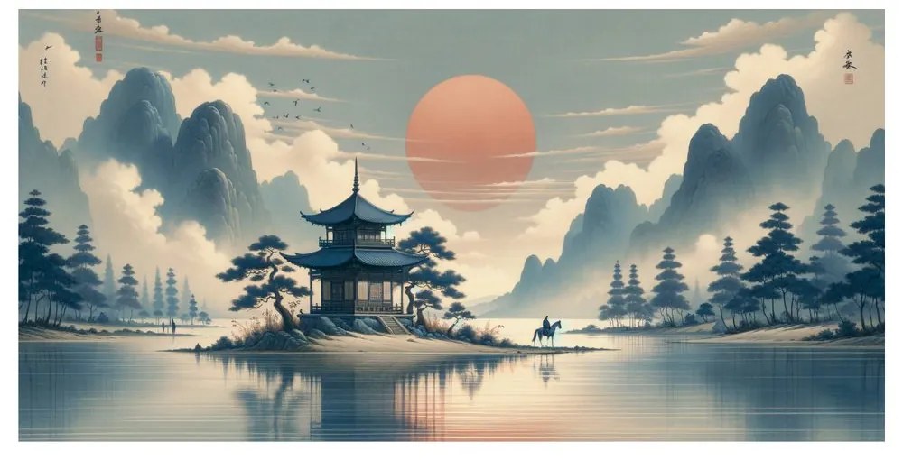 Quadro su tela – Cavaliere vicino a pagoda tra le montagne
