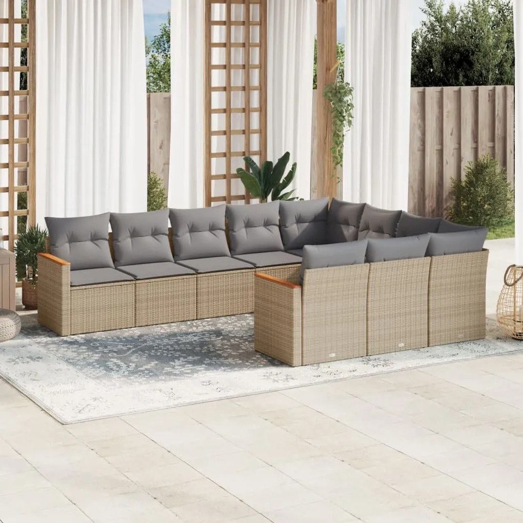 Set divano da giardino 10 pz con cuscini beige misto polyrattan