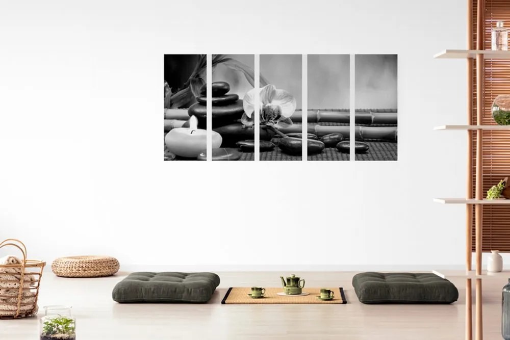 Quadri 5 pezzi – Natura morta Feng Shui in bianco e nero