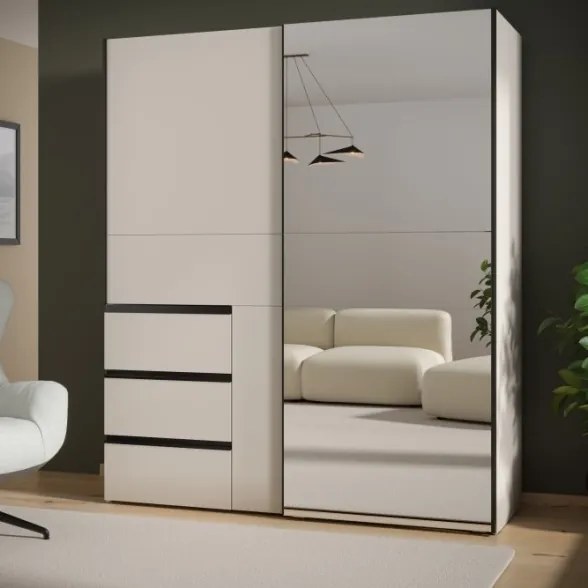Armadio Guardaroba Scorrevole Con Specchio 170x60x200 Cm 3 Cassetti Winn Sabbia
