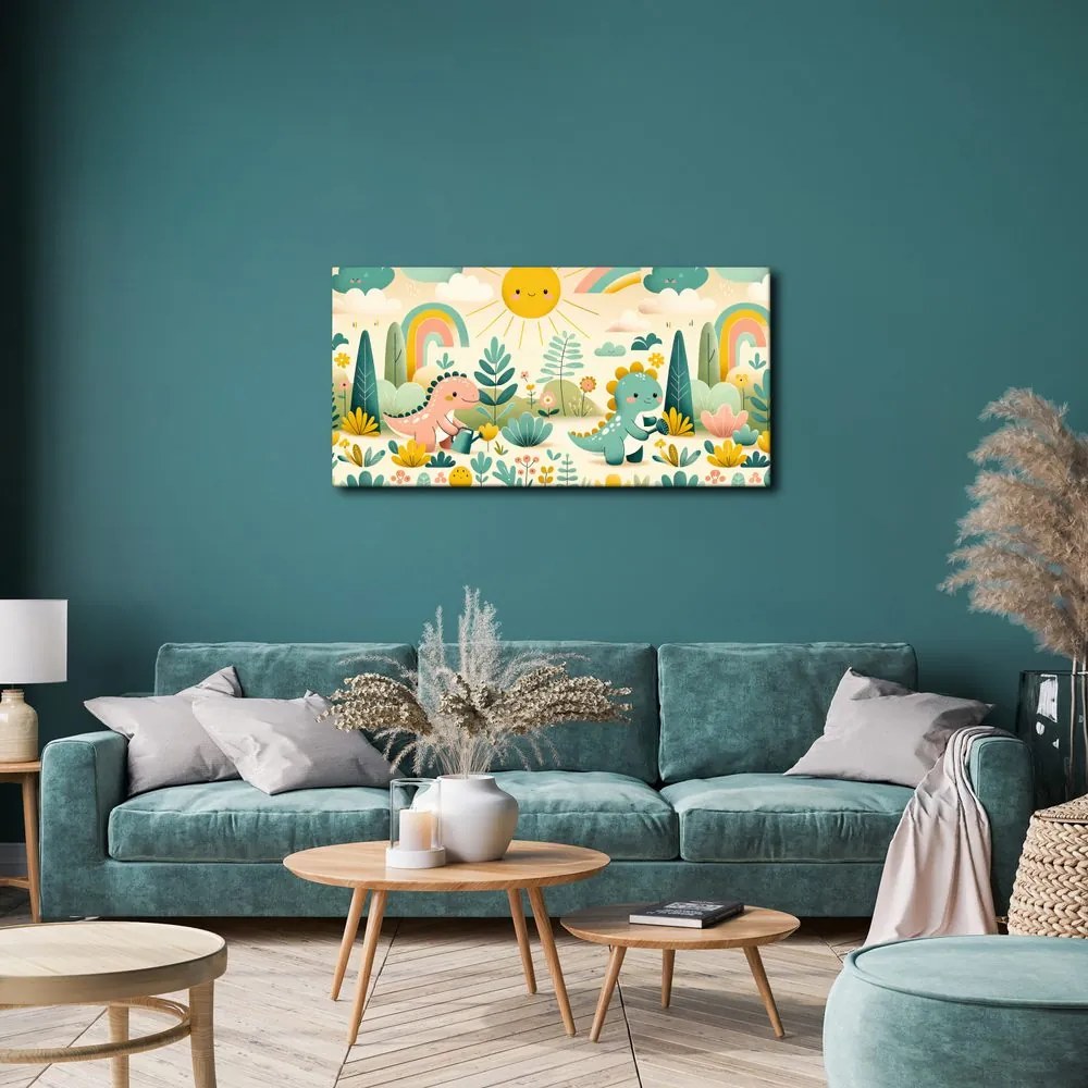 Quadro su tela – Amici dinosauri in giardino colorato