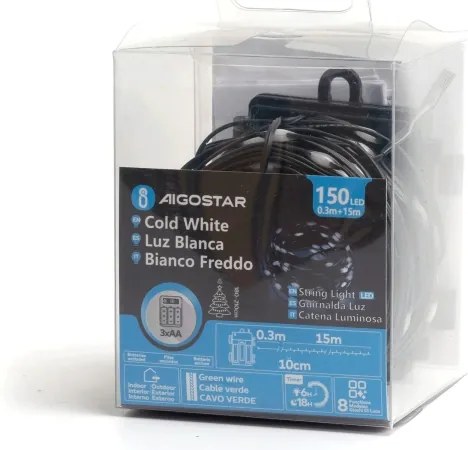 Aigostar - Catena LED esterna 150 LED, 8 funzioni, 15,3m, IP44, bianco freddo