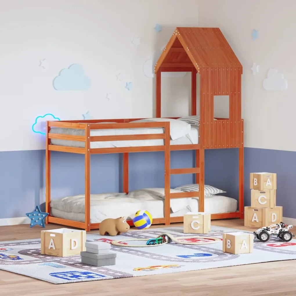 Letto A Castello Con Tetto Cera 80x200 Cm Legno Massello Pino /