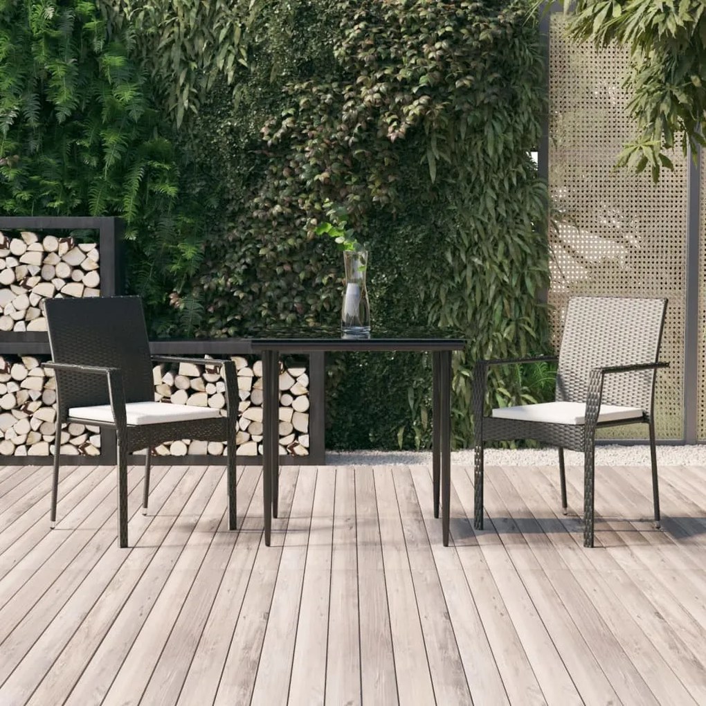 Set da pranzo da giardino 3 pz con cuscini nero in polyrattan