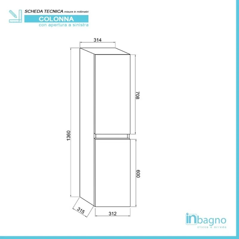 Pensile bagno sospeso bianco lucido H 136 cm ante reversibili soft-close Easy