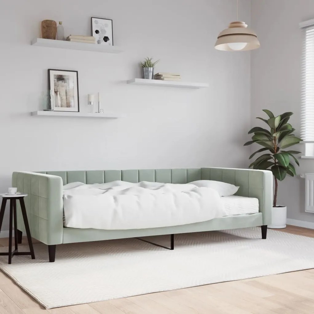Divano Letto Con Materasso Grigio Chiaro 100x200 Cm İn Velluto /