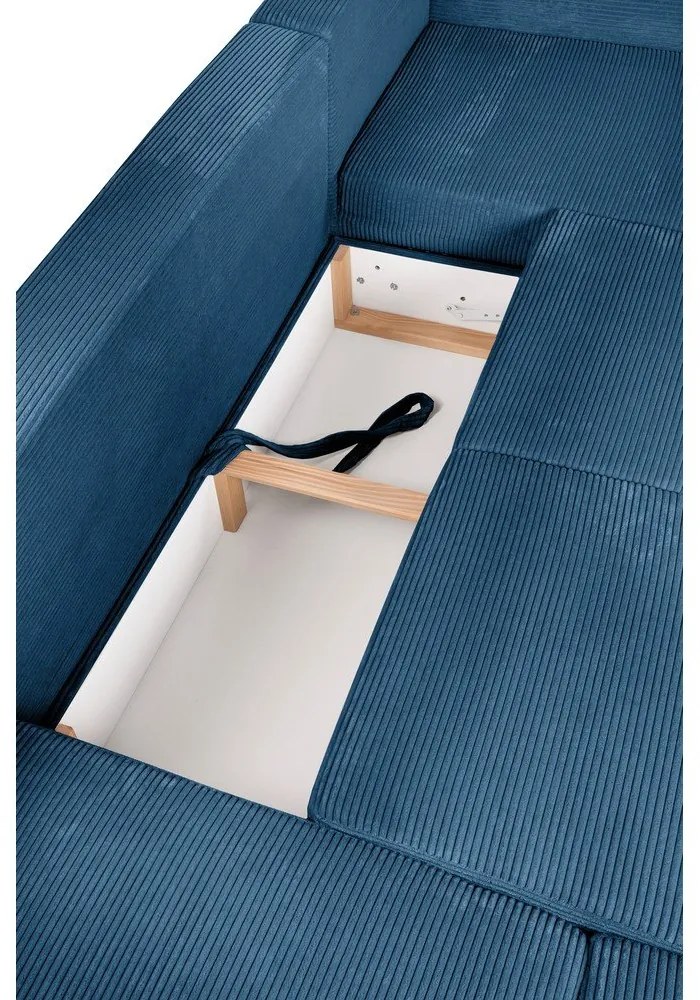 Divano angolare blu allungabile (con penisola a sinistra/a forma di "U") con rivestimento in velluto a coste Tori – Bonami Selection