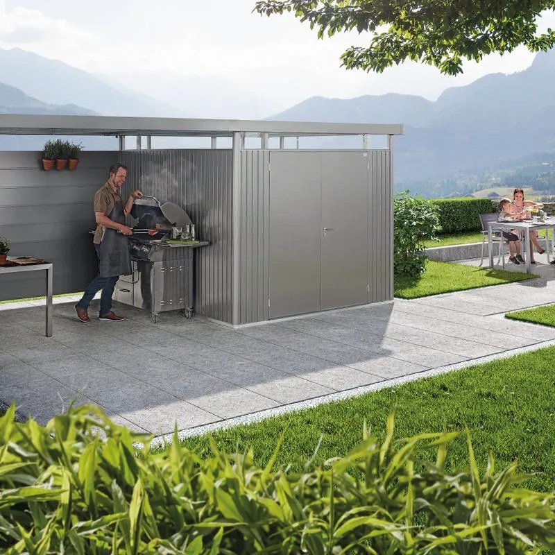 Casetta da giardino BIOHORT in acciaio Highline H4 grigio con porta doppio battente, superficie interna 7.56 m² e spessore parete 0.5 mm