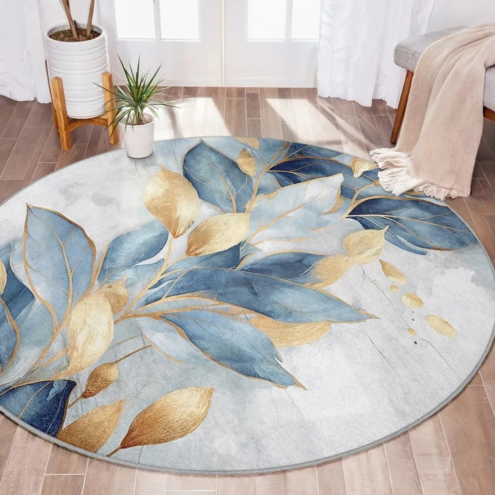 Tappeto rotondo blu/dorato lavabile ø 120 cm Golden Leaves – Mila Home