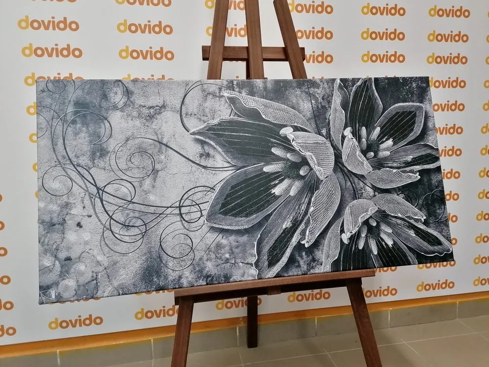 Quadro su tela – Fiori con perle in bianco e nero