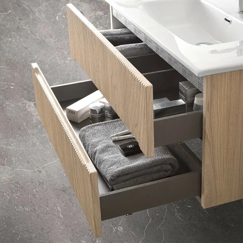 Mobile bagno sospeso 80 cm rovere chiaro cannettato con specchio Bali