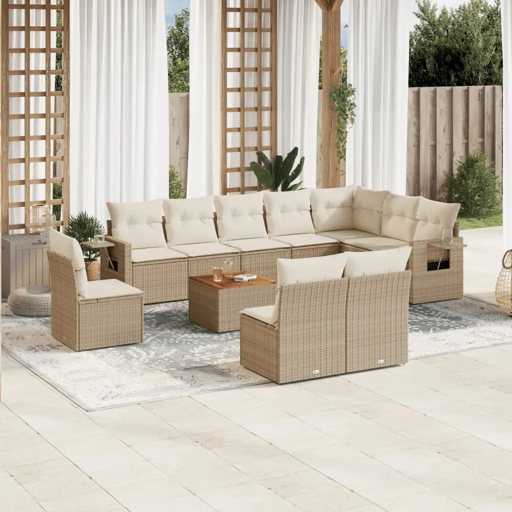 Set divani da giardino 11 pz con cuscini beige in polyrattan