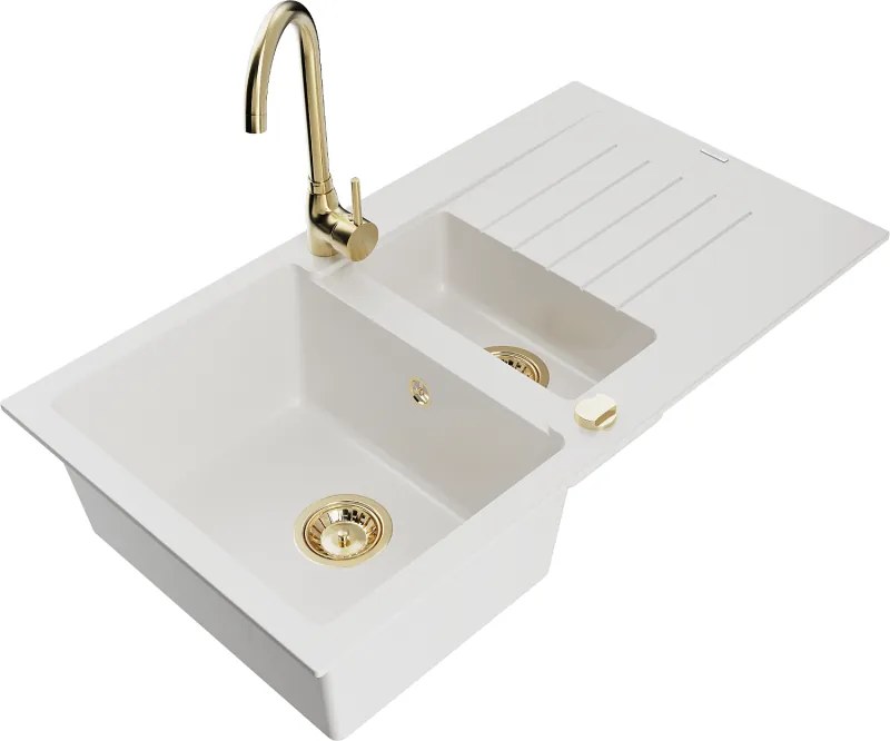 Mexen Matias lavello in granito 1,5 vasche con sgocciolatoio e rubinetto da cucina Telma, bianco - 6502-20-670200-50