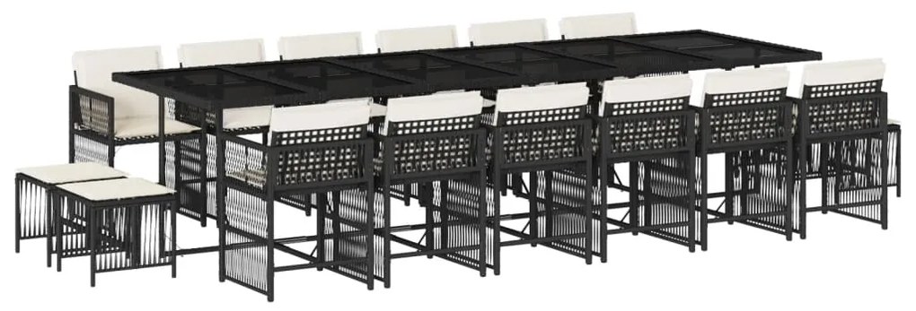 Set da pranzo da giardino 17 pz con cuscini nero in polyrattan