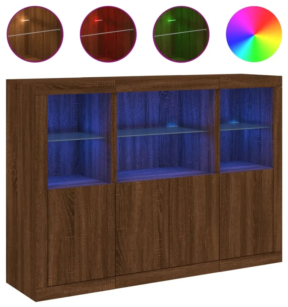Credenze con luci led 3 pz rovere marrone in legno multistrato