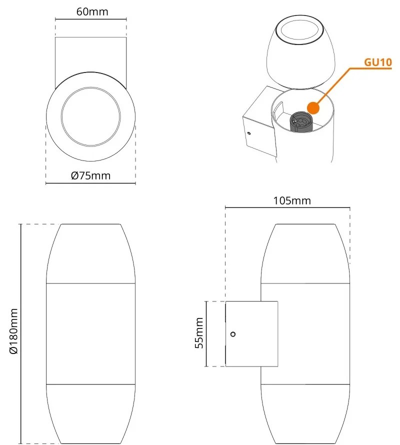 Applique Ovale Bidirezionale IP65 GU10 per esterni, Grande - Grigia Colore del corpo Grigio