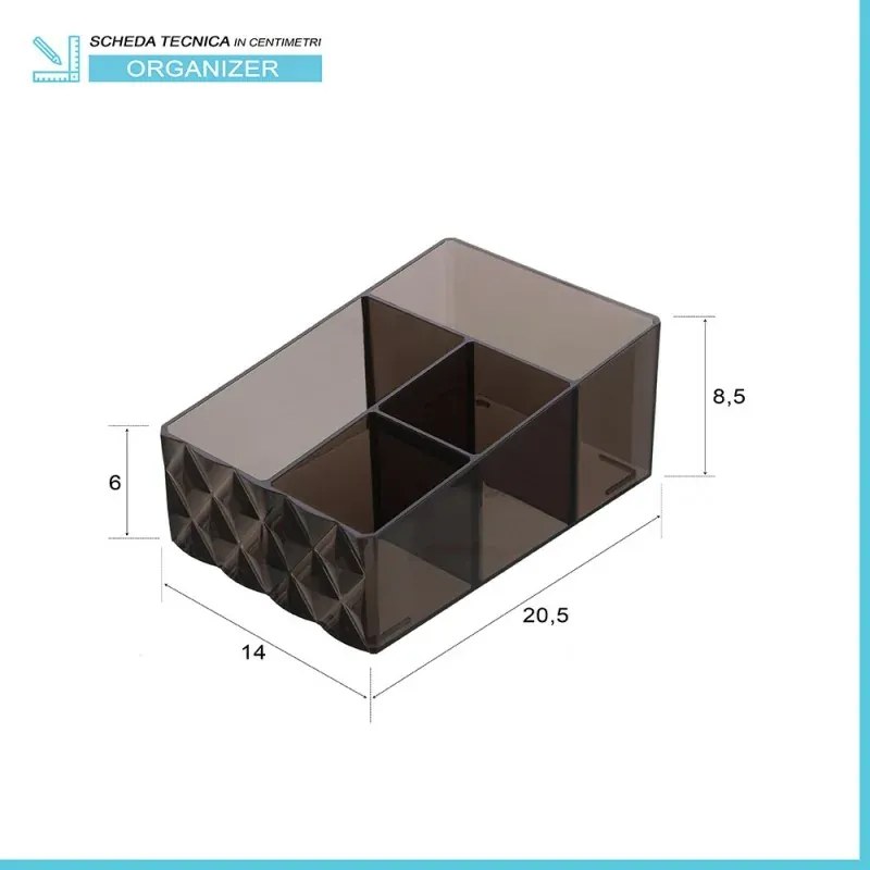 Organizer porta trucchi e cosmetici in plastica nero fumè con 4 scomparti