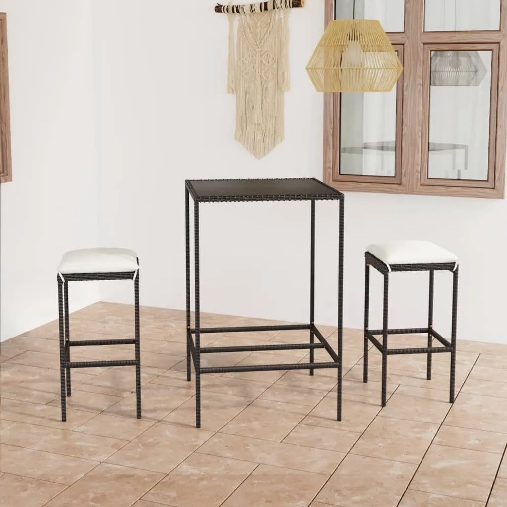 Set Bar Da Giardino 3 Pz Con Cuscini Polyrattan Nero /