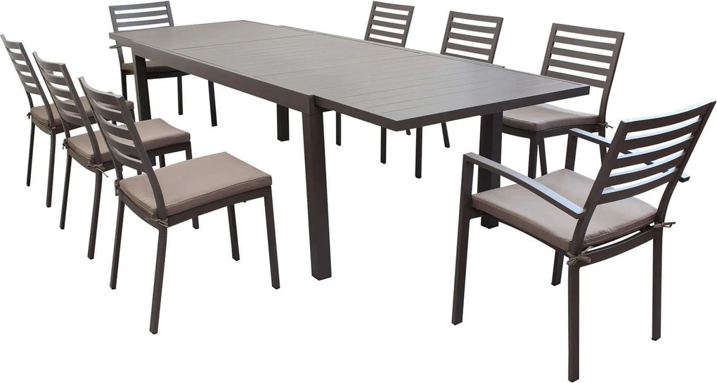 DEXTER - set tavolo in alluminio cm 200/300 x 100 x 74 h con 6 sedie e 2 poltrone Dexter