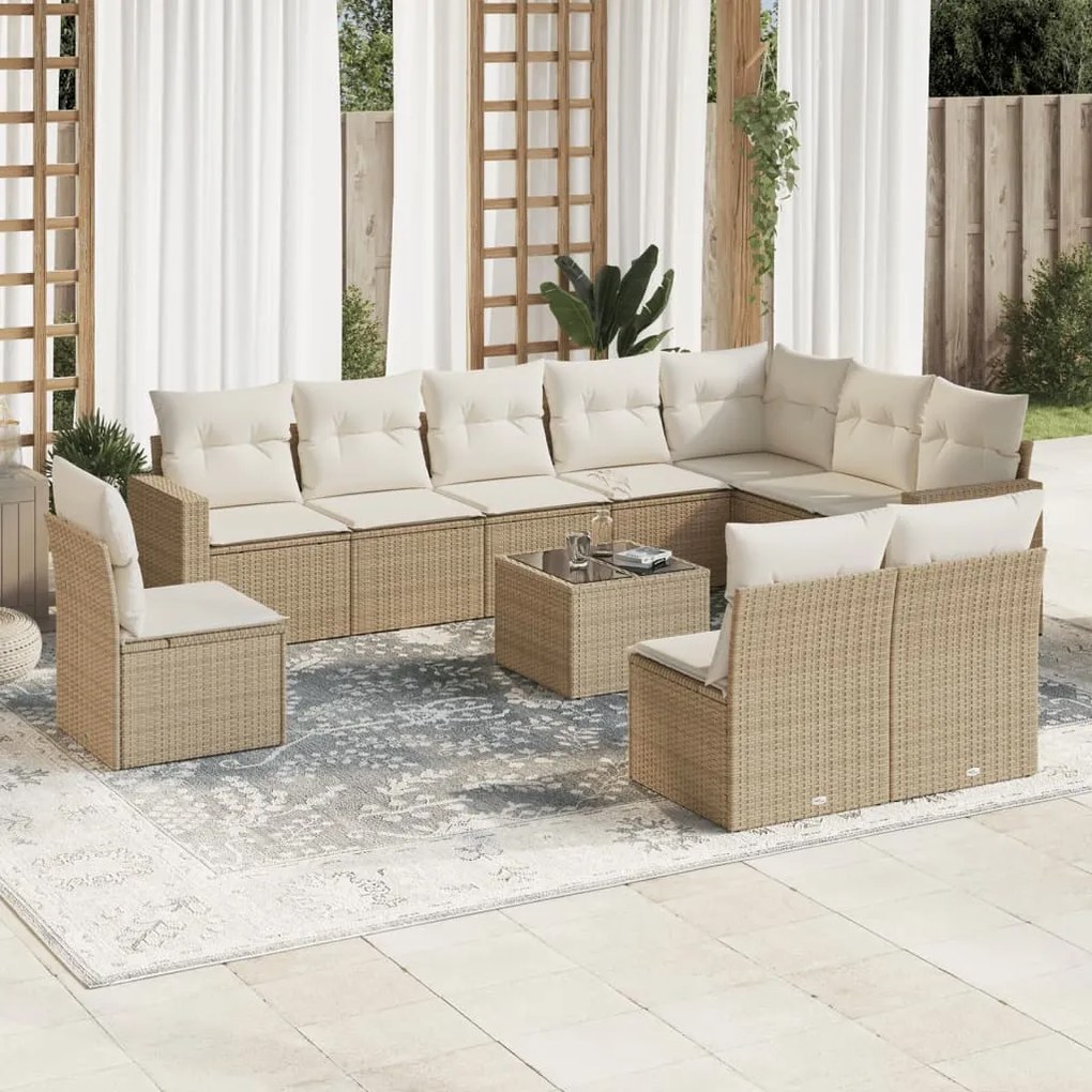 Set divani da giardino 11 pz con cuscini beige in polyrattan