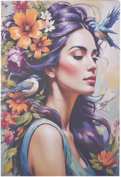 Quadro moderno verticale su tela 60x90 cm ritratto donna e natura