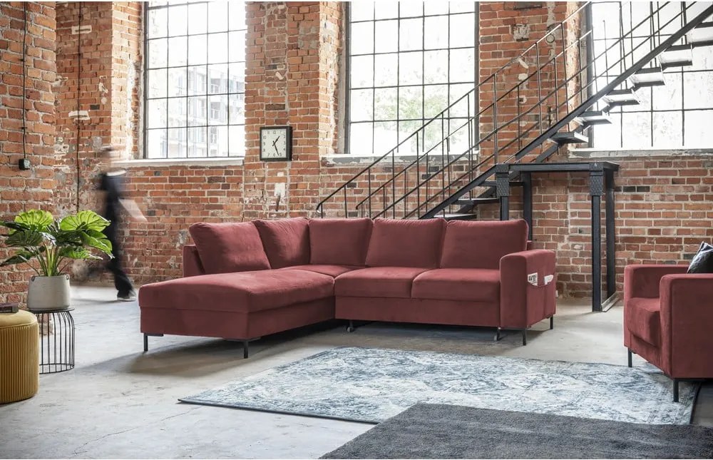 Divano letto angolare in velluto rosa (angolo sinistro) Lofty Lilly - Miuform