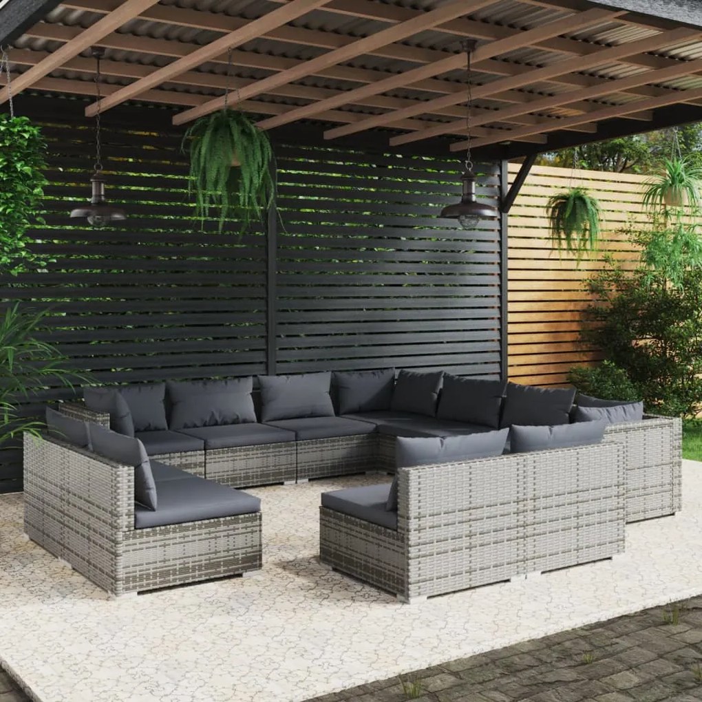 Set divani da giardino 11 pz con cuscini in polyrattan grigio