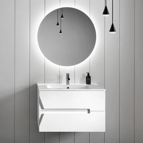 Mobile sospeso bagno 80 cm Larice Bianco con lavabo e specchio LED - HAITI