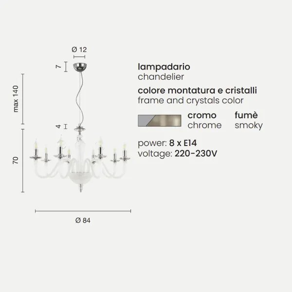 Lampada a sospensione DEBUSSY in vetro lavorato a mano Fumč 8 LUCI