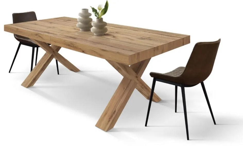 Tavolo allungabile AMALFI in legno effetto rovere rustico e gambe a X, allungabile 180×90 cm – 260×90 cm