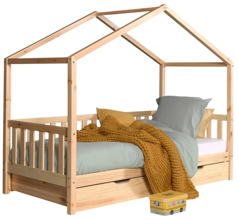 Letto per bambini in legno di pino con letto estraibile e contenitore in colore naturale 90x200 cm DALLAS - Vipack