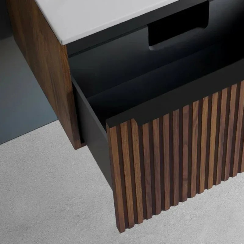 Mobile bagno sospeso 100 cm noce maya cannettato con cassetto, specchio e lavabo Nara