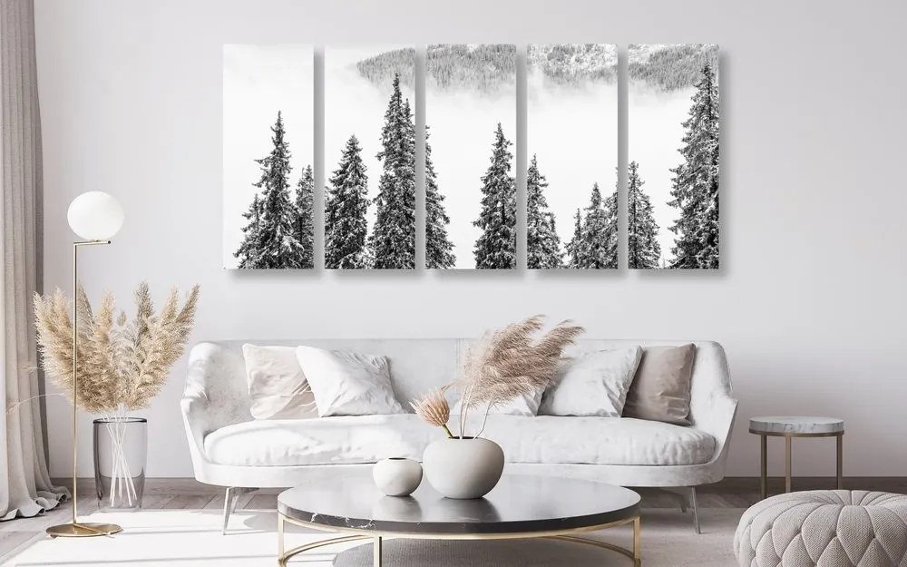 Quadri 5 pezzi – Alberi di pino innevati in bianco e nero