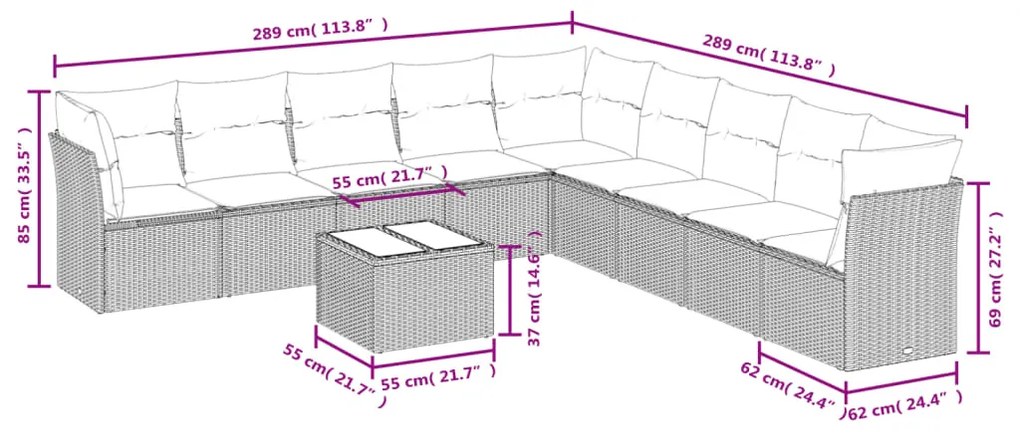 Set divani da giardino 10pz con cuscini in polyrattan nero