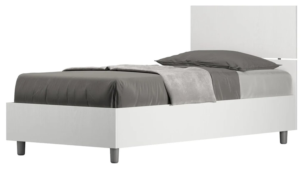 Letto singolo senza rete, con rete e contenitore 80x200 testata dritta Demas, bianco frassino / contenitore